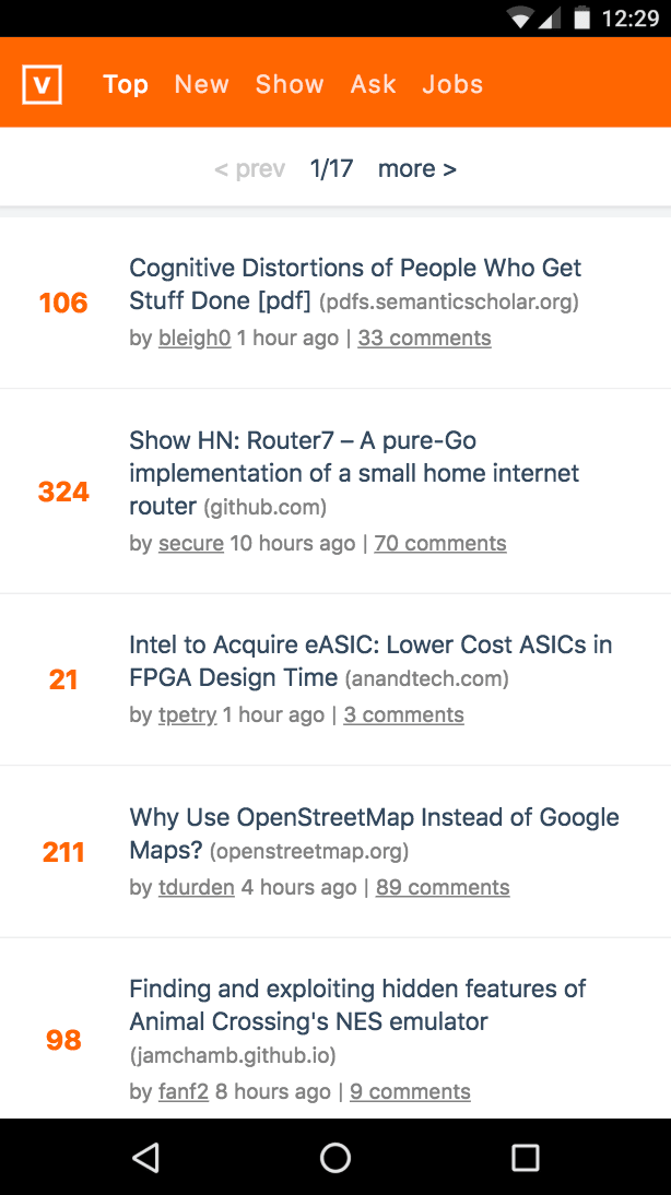 Vue Hacker News 2.0 HN PWA running on a mobile phone